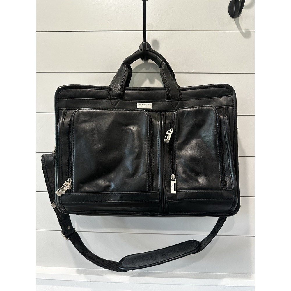 US Luggage New York Black Leather Briefcase Laptop Bag 4 Section Carry